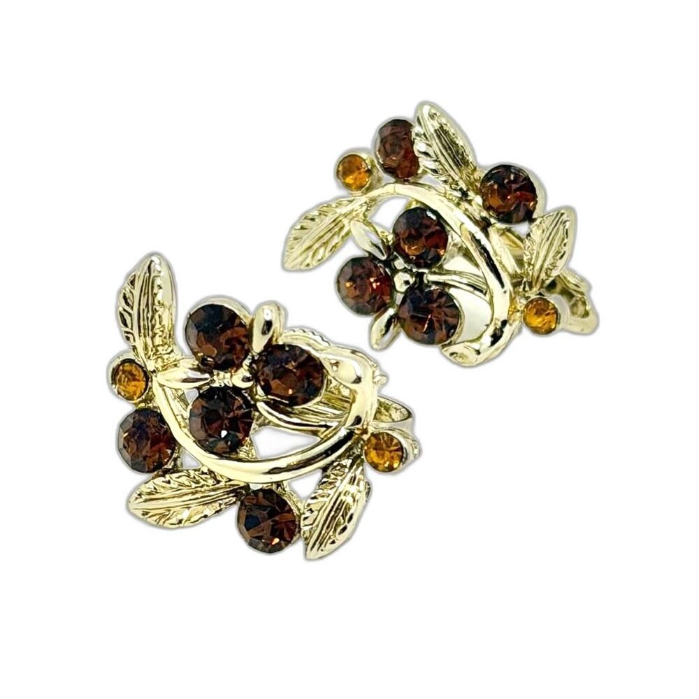 Vintage Gold Tone Brown Topaz Rhinestone Grape and Leaf Fall Clip On Earrings